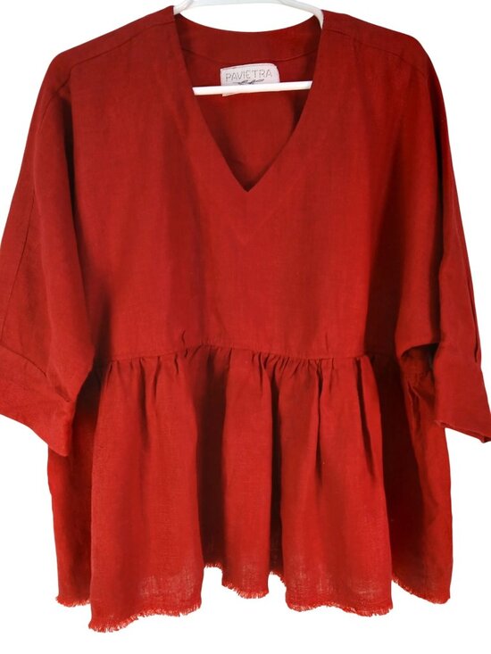 Pavietra Tops - Pavietra Womens Red Linen Peplum Ruffled Peplum Linen Top V Neck